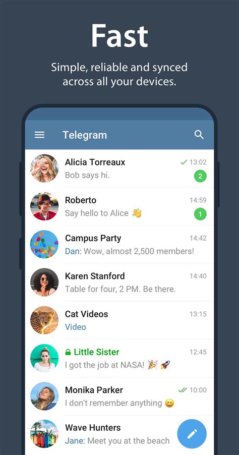 Saved Messages 2.0, One-Time Voice Messages and 8 More Features. Dec 31. Colorful Calls, Thanos Snap Effect, and Better Bots. Dec 23. Channel Appearance, Posts in Stories and More. a new era of messaging. Telegram for Android Telegram for iPhone / iPad. Telegram for PC / Linux Telegram for macOS. 